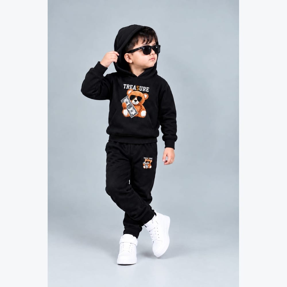 Kids Black Teddy Bear Printed Hoodie & Pant Set – Winter Collection 1-12 years