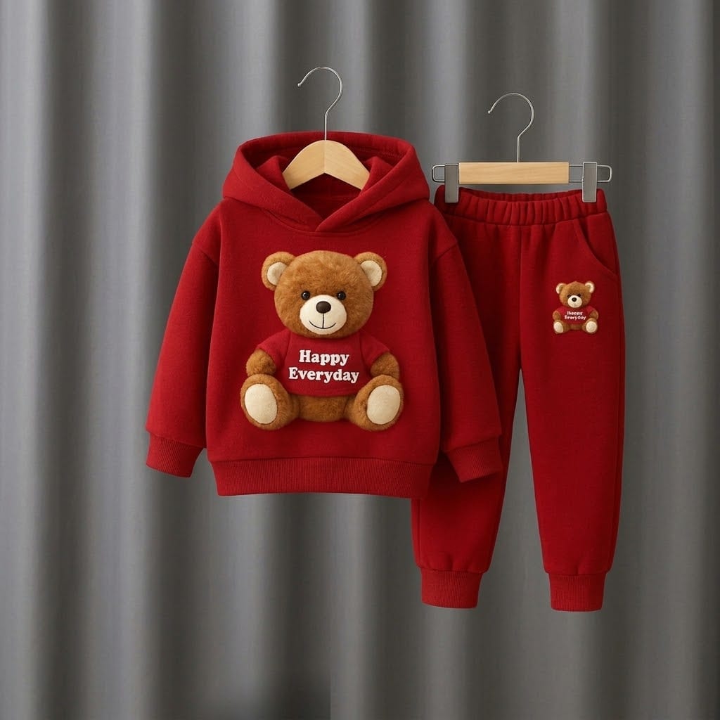 Kids Winter Warm Fleece Red Hoodie & Pant Set (Cute 3D Teddy Edition) – 1 to 12 Years