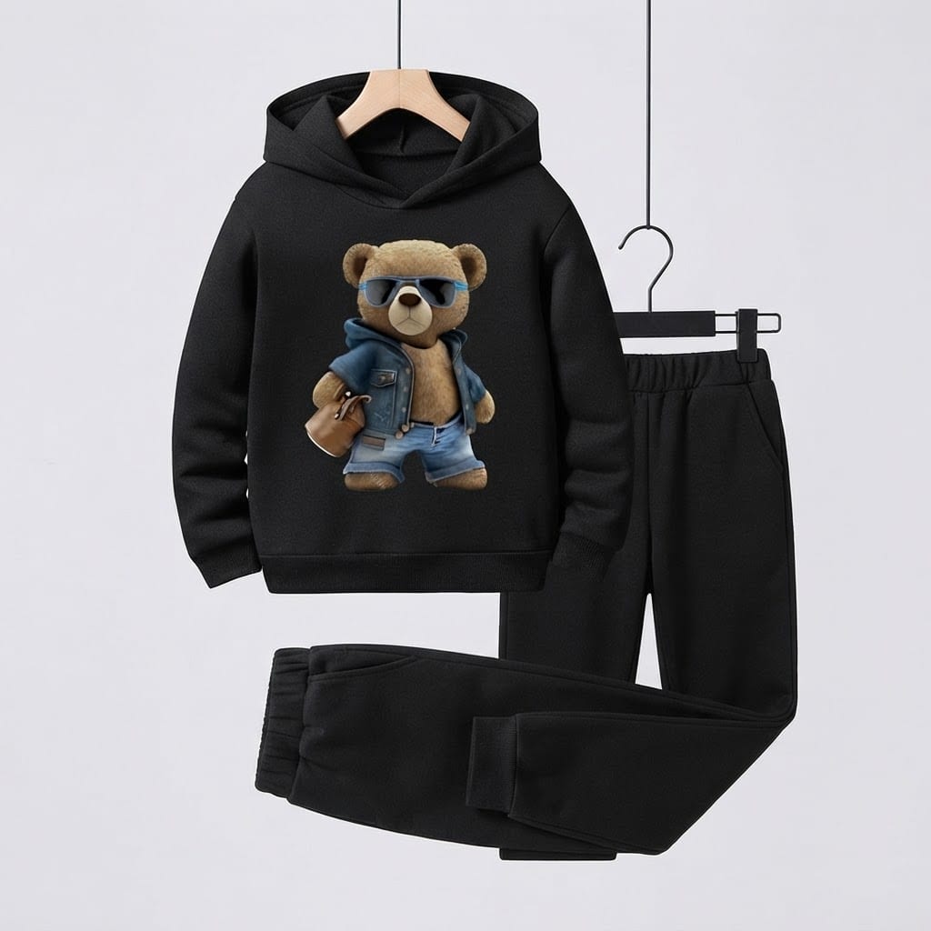 Men’s Black Teddy Bear Printed Hoodie & Jogger Set – 2 Piece Tracksuit