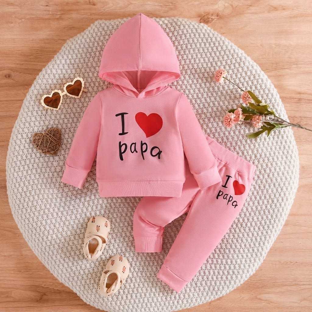 Kids Stylish Pink "I Love Papa" Hoodie & Jogger Set