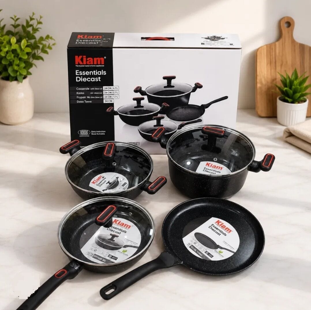 Kiam Non Stick 7 Pcs Cookware Set For Superior Release -1Pc Casserol, 1Pc Fry pan, 1Pc Karai and 1Pc Milk pan with 3 lids